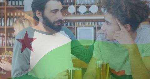 Friends Enjoying Drinks at Pub with Djibouti Flag Overlay
