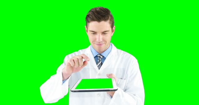 Male Doctor Wearing White Coat Using Digital Tablet With Green Screen - Download Free Stock Images Pikwizard.com