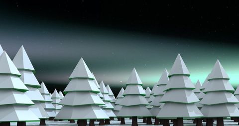 Polygonal Winter Forest under Aurora Sky
