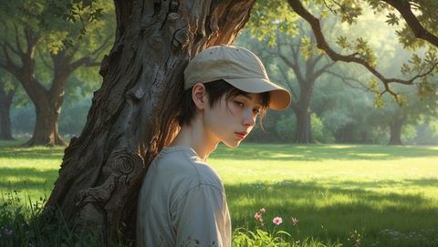 Teen girl relaxing under oak tree in sunny park - shy concept