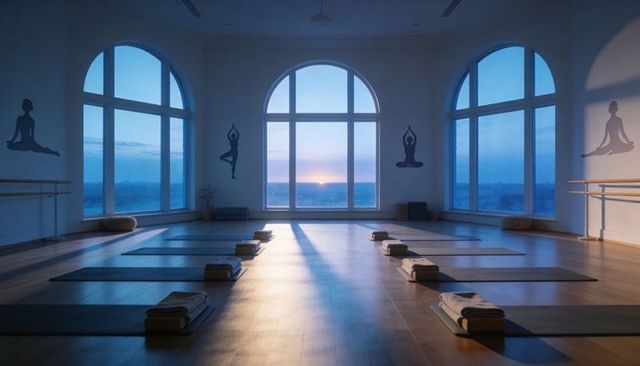 Dawn-bathed minimalist yoga studio with arched windows, aligned mats and soft light