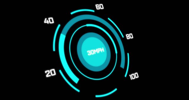 A vibrant, glowing digital speedometer against a black background features up to 100 MPH indications, designed with futuristic blue accents for illustrating high-tech themes. Perfect for technology, transportation imagery, digital interfaces showcasing motion or performance, and for use in design projects needing a modern, digital representation of automotive elements. Suitable for presentations on innovation and digital advancements in transport technology.