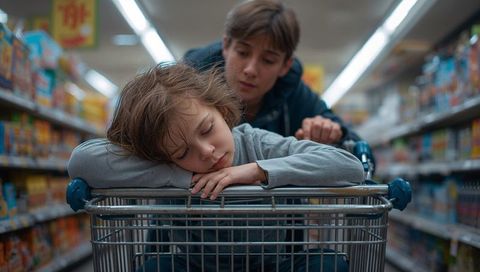 Tired child resting on shopping cart while teen pushing through supermarket aisle