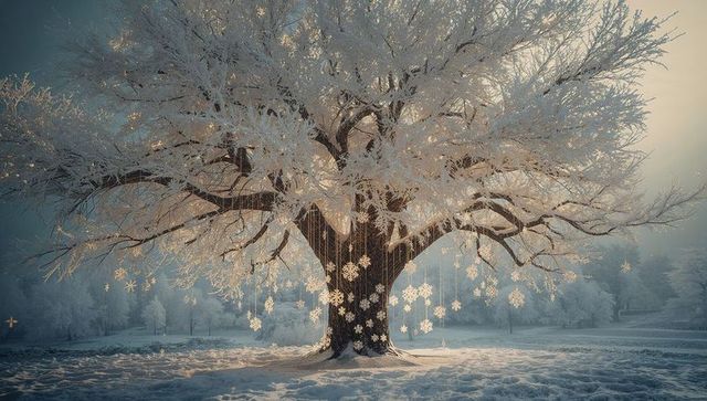 Frost-Covered Tree with Snowflake Ornaments in Serene Winter Landscape