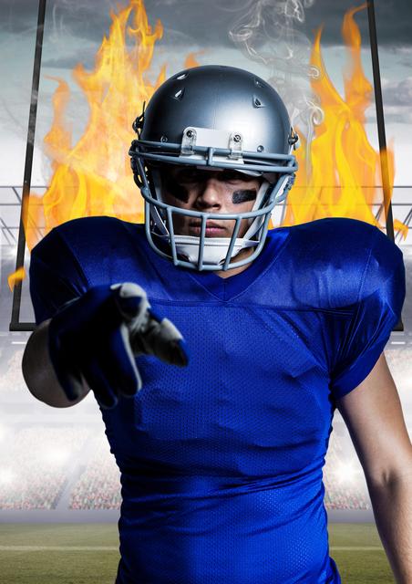 Digital composition of american foot ballplayer standing against flames and stadium