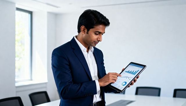 Indian executive presenting financial analytics on tablet in modern boardroom touchscreen