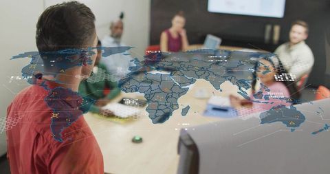 Young presenter leading global strategy briefing with holographic world map in boardroom