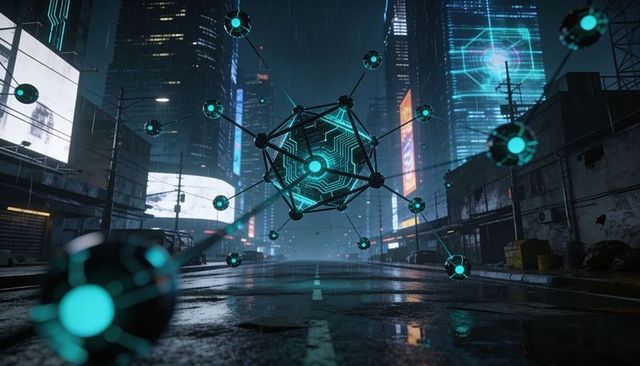 Hovering cybernetic polyhedron drone linking network nodes over wet neon cyberpunk street