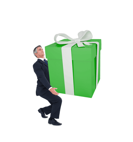 Stylish man carrying giant transparent gift box
