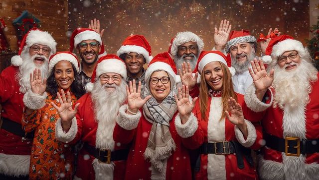 Joyful Diverse Group Waving in Santa Hats Celebrating Christmas
