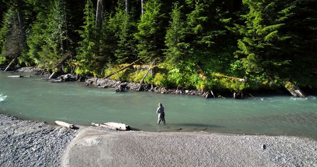 A person stands by a riverbank surrounded by lush greenery, with copy space - Download Free Stock Photos Pikwizard.com