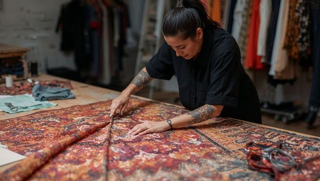 Seamstress cutting patterned fabric with rotary cutter on large worktable, tailoring craftsmanship