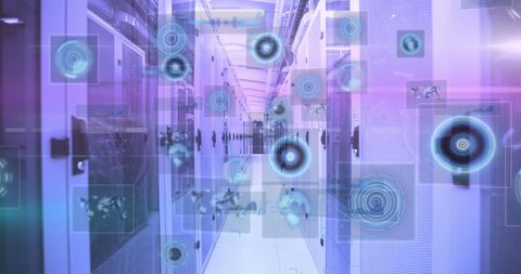 Futuristic data center with holographic interface and math equations