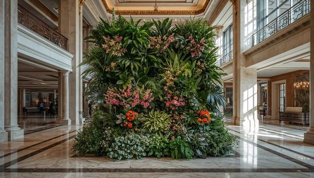 Grand hotel atrium showcasing towering living wall of tropical foliage and pink orchids