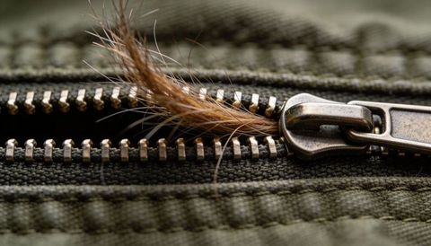 Macro close-up zipper trapping fur tuft on olive-green jacket seam with metal slider detail