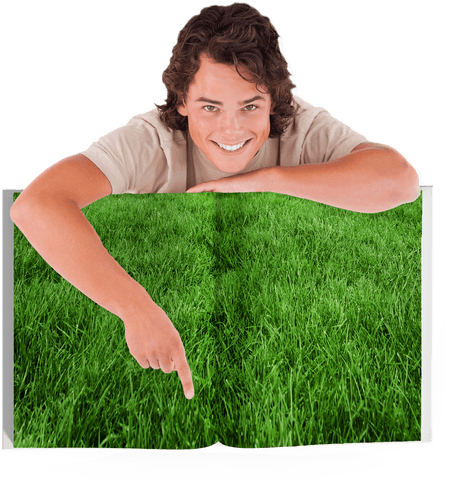Happy Man Pointing at Digital Grass on Transparent Background
