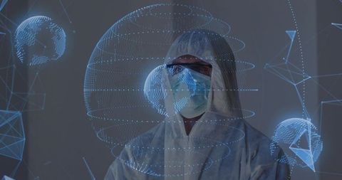 Hazmat technician scanning holographic network globe in laboratory