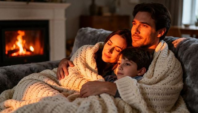Cozy family cuddling on sofa by fireplace wrapped in chunky cream knit blanket