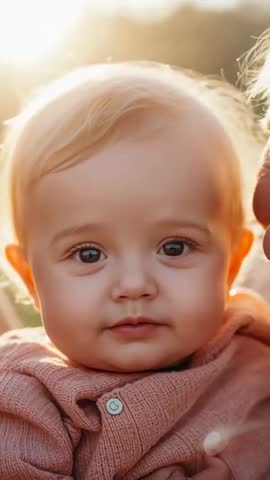 Backlit Infant Smiling and Shifting Expression While Held Facing Camera During Golden Hour