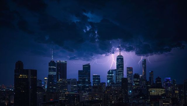 Lightning striking downtown spire over neon skyline at night, storm clouds illuminating skyscrapers