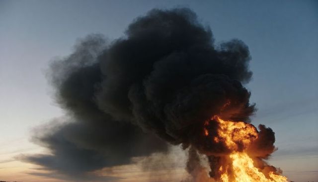 Rising black smoke plume over twilight sky with intense inferno flame and heat shimmer