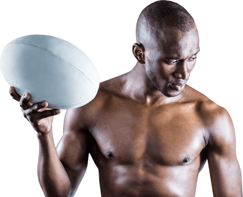 Transparent rugby player holding ball with focused expression