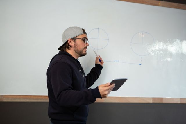 Side view of a Caucasian man working in a creative office, standing by a whiteboard with drawn circles on it, pointing at the circles with a pen, holding a digital tablet, discussing