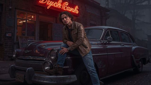 Brooding man leaning on vintage maroon sedan under neon sign in gritty city night