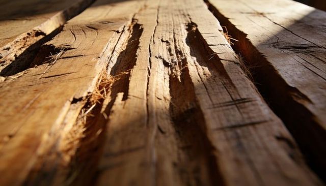 Sunlit weathered wooden planks showing deep grooves, splinters and rustic grain texture