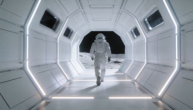 Walking astronaut exiting hexagonal lunar corridor toward open airlock, moon exploration