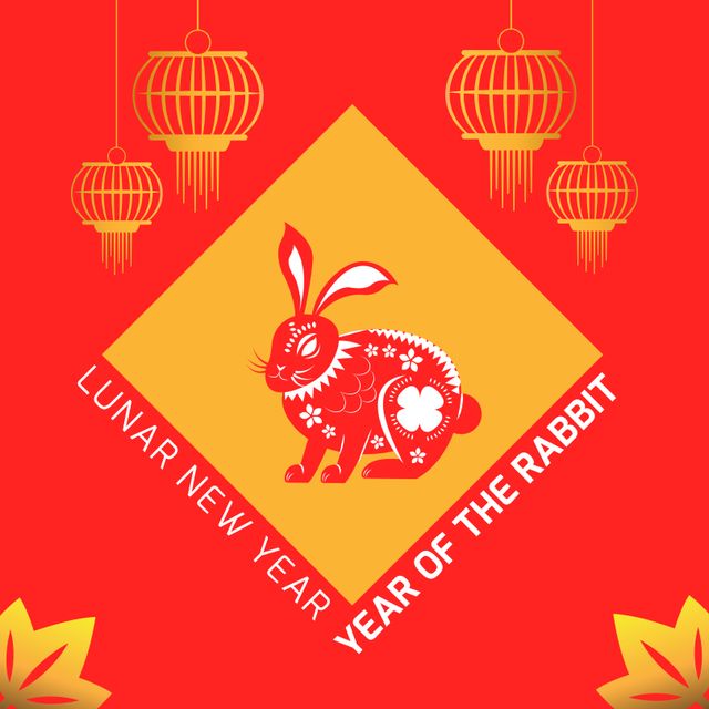Illustration highlighting Lunar New Year with a central rabbit symbol representing the Year of the Rabbit. Features vibrant red background and decorative lanterns. The text 'Lunar New Year' and 'Year of the Rabbit' enhances the holiday spirit. Ideal for festive cards, cultural event promotions, seasonal advertisements, and holiday greetings.