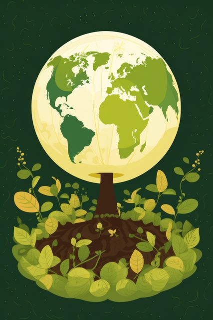 Globe with green leaves over green background, created using generative ai technology. Ecology, nature and harmony, digitally generated image.