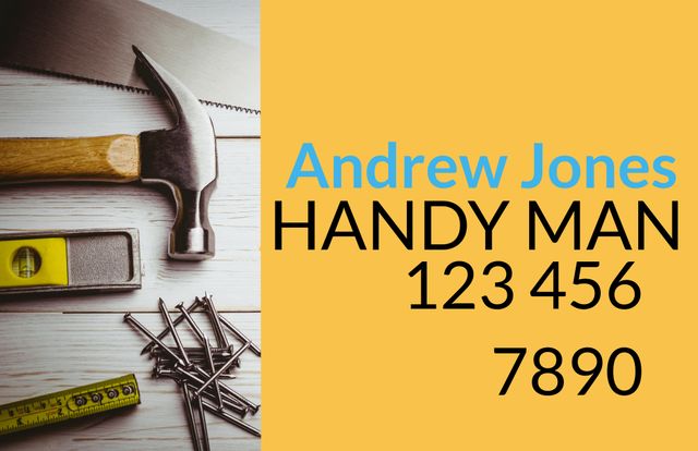 Perfect for promoting carpentry and handyman services. Highlights essential tools like a hammer, nails, a measuring tape to capture attention. Ideal for crafting business cards, flyers, or posters for DIY services.