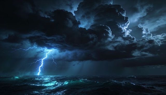 Lightning striking open ocean under towering cumulonimbus clouds night storm seascape