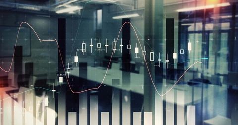 Financial data overlaying modern open-plan office with candlestick charts and trend lines