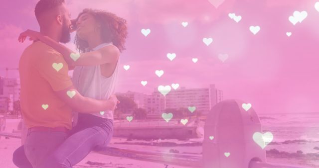 Romantic Couple Embracing by Beach with Heart Effects - Download Free Stock Images Pikwizard.com