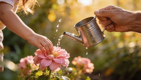 Child and adult watering pink rose during golden hour, tender garden moment