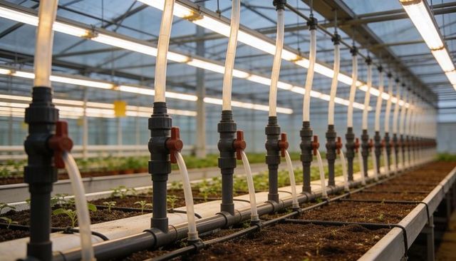 Greenhouse drip irrigation with red valves and translucent tubing on nursery benches