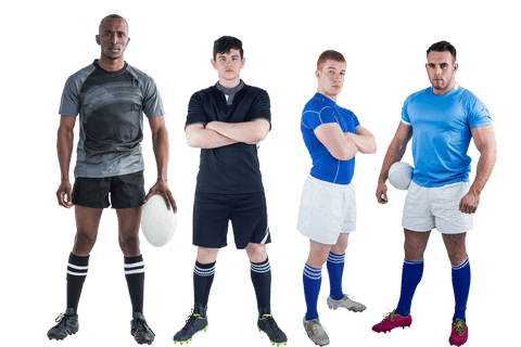 Diverse football players posing on transparent background