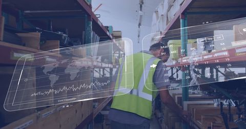 Warehouse Worker Using Virtual Data Screens for Logistics Management