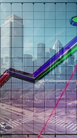 Hitting second milestone with rising neon data lines pivoting over urban skyline vertical video