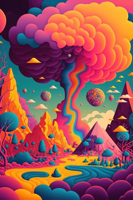 Surreal landscape with vibrant, colorful clouds and various fantasy elements. Images depict majestic mountains, a river winding through fantasy trees and unusual formations, and floating balloons. Ideal for use in conceptual art pieces, fantasy book covers, digital wallpapers, or creative storytelling projects.