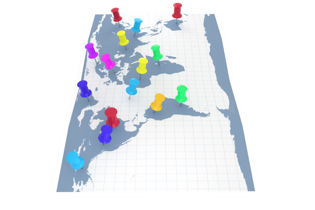 Colorful Transparent Pins on Surface of World Map for pinning destinations - Download Free Stock Videos Pikwizard.com