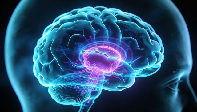 Glowing 3D Brain Visualization Highlighting Neural Pathways in Transparent Head Model