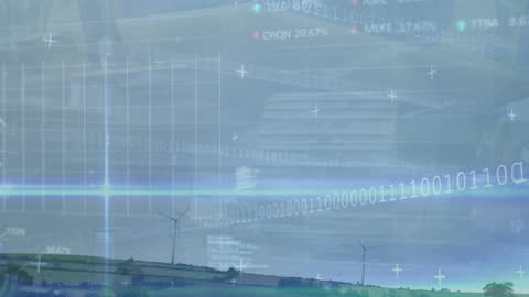 Financial Data Overlay with Cityscape and Wind Turbines