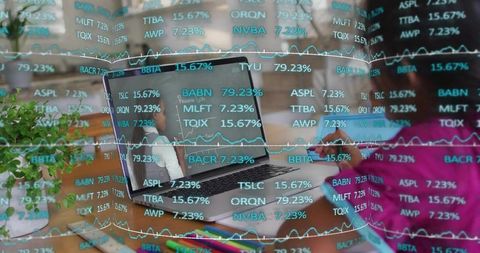 Mother and child collaborating on laptop with stock market overlays family finance lesson