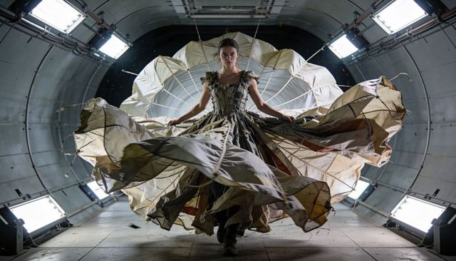 Parachute couture billowing in industrial fuselage wind tunnel corseted gown spinning