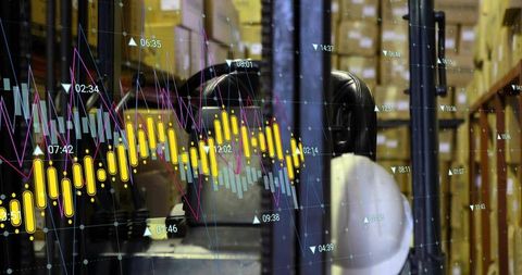 Forklift cabin hard hat in warehouse with logistics data visualization, inventory analytics