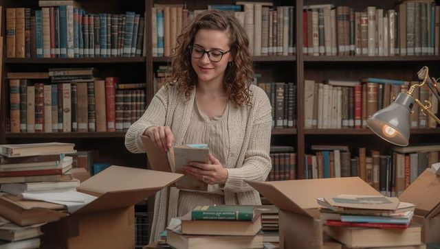 Archivist Cataloging Vintage Books Amid Cardboard Boxes in Cozy Library