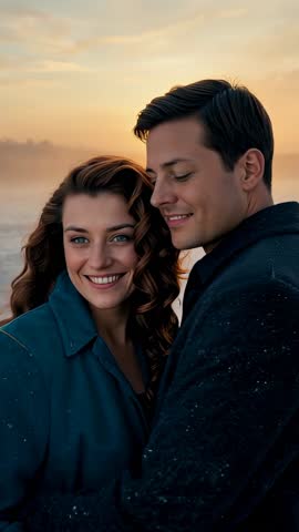 Couple Embracing on Shoreline at Sunset Vertical Video, Smiling and Gazing in Golden Light